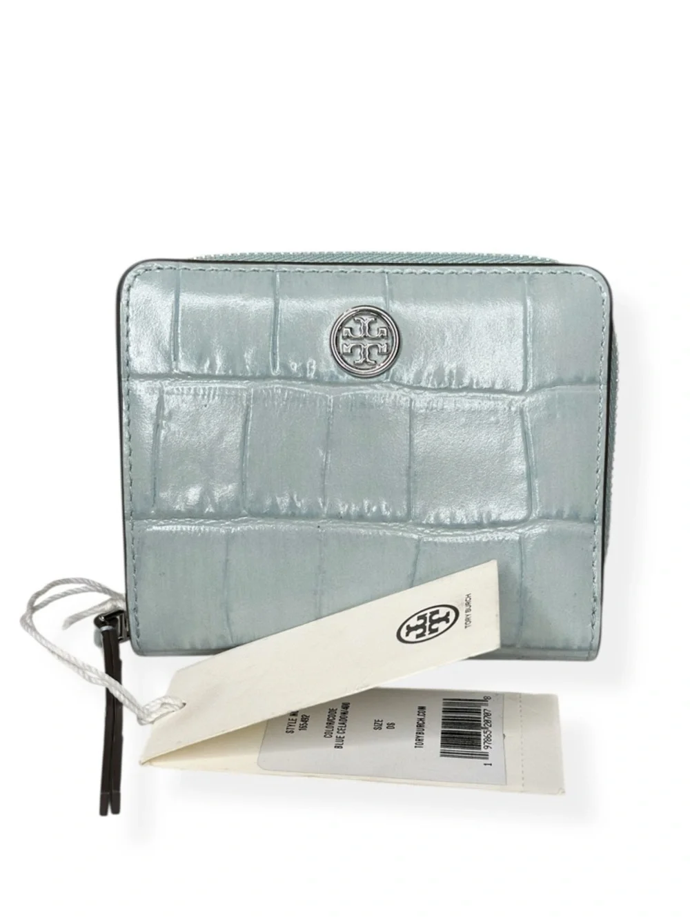 TORY BURCH Robinson Croc-Embossed Bifold Wallet - Blue Celadon
